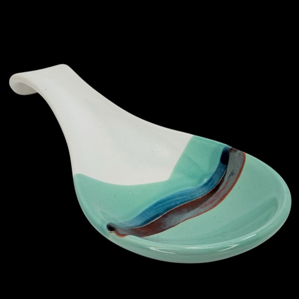 Vintage Otagiri Stoneware Spoon Rest Teal Green Aqua Artisan Style Farmhouse